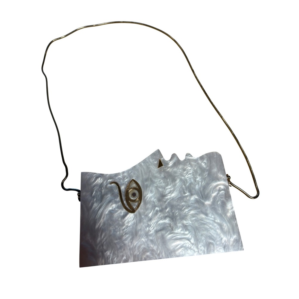 Pearlescent Acrylic Wooden Evil Eye Wavy Top Clutch Gold Snake Chain Crossbody